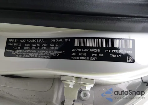 2019 Alfa Romeo Giulia Ti Lusso Awd from USA, damaged, VIN ZARFANBN1K7600684